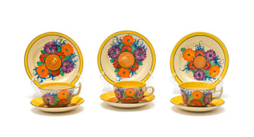 Clarice Cliff; Clarice Cliff 'Bizarre' part tea set hand-painted in the 'Gay Day' pattern