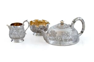 An Indian silver three-piece tea service, Grish Chunder Dutt, Calcutta, 19th century