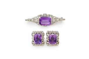 Amethyst and diamond earrings and brooch