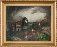 Pranas Domsaitis; Stormy Landscape with Buildings