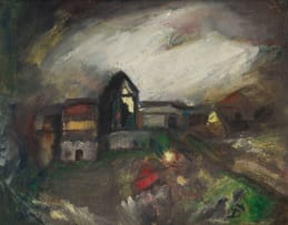 Pranas Domsaitis; Stormy Landscape with Buildings