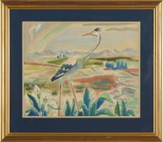 Maggie Laubser; Bird and Arums in a Landscape