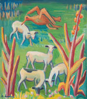 Maggie Laubser; A Bird and Lambs in an Extensive Landscape