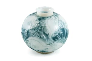 René Lalique; René Lalique 'Poissons' frosted, opalescent and blue-patinated glass vase, No. 925, designed 1921