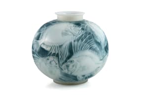 René Lalique; René Lalique 'Poissons' frosted, opalescent and blue-patinated glass vase, No. 925, designed 1921