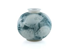 René Lalique; René Lalique 'Poissons' frosted, opalescent and blue-patinated glass vase, No. 925, designed 1921