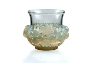René Lalique; René Lalique 'Prunes' opalescent, clear and frosted glass vase, No. 1037, designed 1930