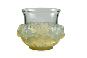 René Lalique; René Lalique 'Prunes' opalescent, clear and frosted glass vase, No. 1037, designed 1930