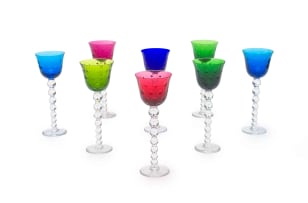 Cristalleries de Saint-Louis; Set of eight Saint-Louis coloured crystal 'bubbles' wine glasses, 20th century