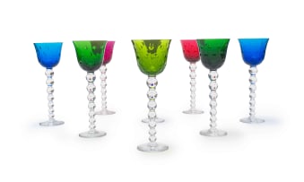Cristalleries de Saint-Louis; Set of eight Saint-Louis coloured crystal 'bubbles' wine glasses, 20th century