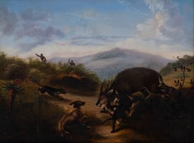 Circle of Thomas Baines; African Hunting Dogs Bringing down a Bush Buck