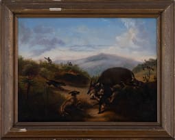 Circle of Thomas Baines; African Hunting Dogs Bringing down a Bush Buck