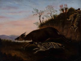 Circle of Thomas Baines; Wild Dogs Chasing a Bush Buck