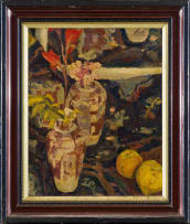 Jennifer Lynne Crooks; Still Life with Vases of Flowers and Fruit