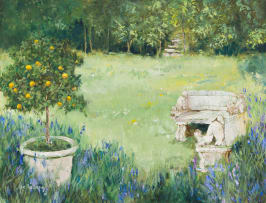 Ann Nosworthy; Garden Scene with Bench and Fruit Tree