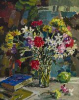 Gregoire Boonzaier; Still Life with Flowers and a Book