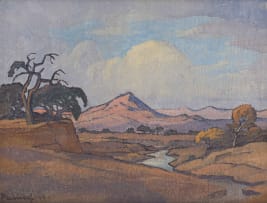 Jacob Hendrik Pierneef; Mountainous Landscape with a River and Trees (recto); Landscape with Huts (verso)