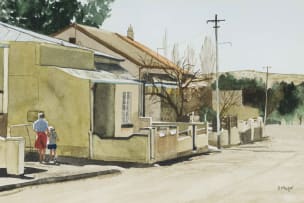 Denby Meyer; Untitled (Karoo Street Scene with Figures)