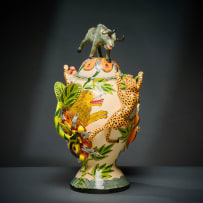 Ardmore Ceramic Studio; Leopard, lion and wildebeest lidded vessel