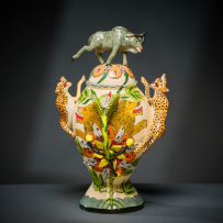 Ardmore Ceramic Studio; Leopard, lion and wildebeest lidded vessel
