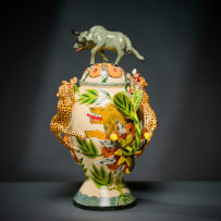 Ardmore Ceramic Studio; Leopard, lion and wildebeest lidded vessel