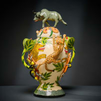 Ardmore Ceramic Studio; Leopard, lion and wildebeest lidded vessel