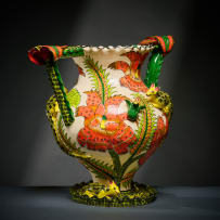 Ardmore Ceramic Studio; Wild cat, flower and corn vase with handles
