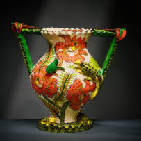 Ardmore Ceramic Studio; Wild cat, flower and corn vase with handles