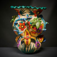 Ardmore Ceramic Studio; Flower and cricket three-lobed vase
