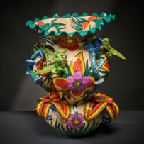 Ardmore Ceramic Studio; Flower and cricket three-lobed vase