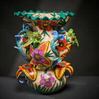 Ardmore Ceramic Studio; Flower and cricket three-lobed vase