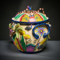 Ardmore Ceramic Studio; Flower and guineafowl lidded vessel