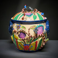 Ardmore Ceramic Studio; Flower and guineafowl lidded vessel