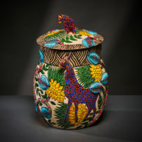 Ardmore Ceramic Studio; Red giraffe and leaf lidded vessel
