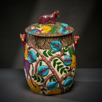 Ardmore Ceramic Studio; Red giraffe and leaf lidded vessel