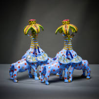 Ardmore Ceramic Studio; Pair of blue elephant candlesticks