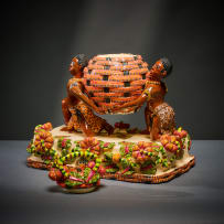 Ardmore Ceramic Studio; Zulu figures with lidded vessel