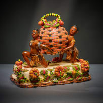 Ardmore Ceramic Studio; Zulu figures with lidded vessel