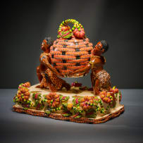 Ardmore Ceramic Studio; Zulu figures with lidded vessel