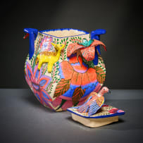 Ardmore Ceramic Studio; Bird, jackal and flower lidded vessel