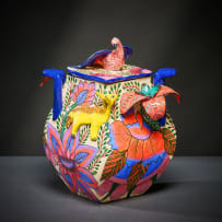 Ardmore Ceramic Studio; Bird, jackal and flower lidded vessel