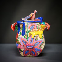 Ardmore Ceramic Studio; Bird, jackal and flower lidded vessel