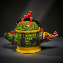 Ardmore Ceramic Studio; Fish, man and frog lidded vessel