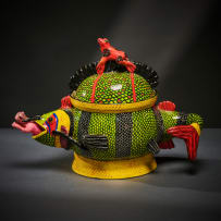 Ardmore Ceramic Studio; Fish, man and frog lidded vessel