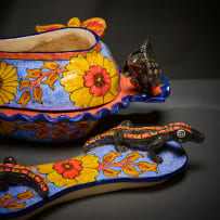 Ardmore Ceramic Studio; Lizard and fish lidded vessel