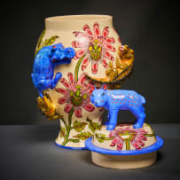 Ardmore Ceramic Studio; Hippo and crocodile lidded vessel