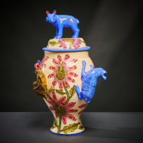 Ardmore Ceramic Studio; Hippo and crocodile lidded vessel