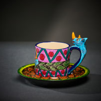 Ardmore Ceramic Studio; Set of six animal espresso cups and saucers