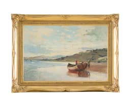 Adriaan Boshoff; Beach Scene with Boat