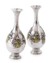 A pair of Japanese silver and enamel vases, Meiji period, 1868-1912